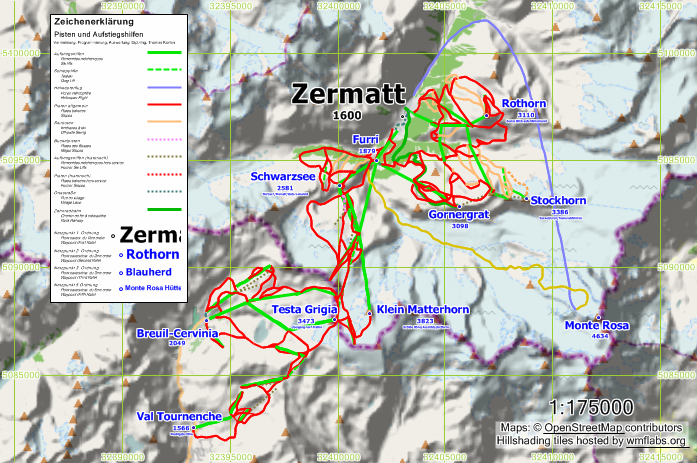 Skigebiet Zermatt/Breuil-Cervinia aus GPS Daten